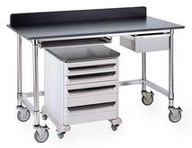 Metro Stainless Tables with Black Phenolic Top and 3-Sided Frame Model No. LTSM60UPB with accessories, casters, backsplash and Starsys cart